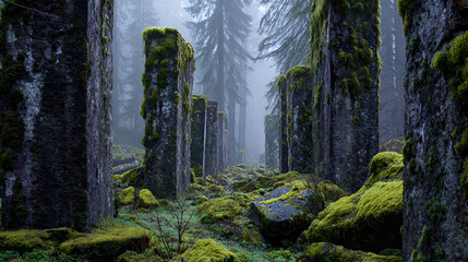 Moss covered stone pillars in a foggy forest with tall trees and mossy ground in a natural landscape