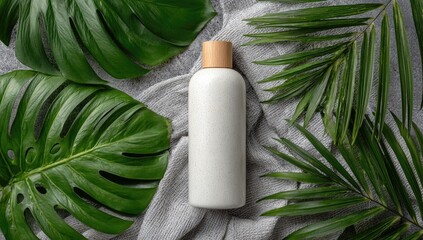 White bottle with light wood cap surrounded by lush green tropical leaves on a gray cloth
