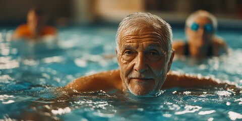 Elderly man swimming in indoor pool with other participants during morning exercise session