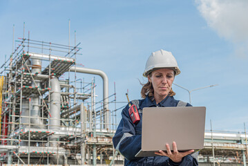 Female engineer using laptop on site outdoor for project