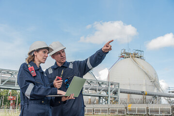 Efficient teamwork in industrial setting with laptop and industrial plant or oil refinery background