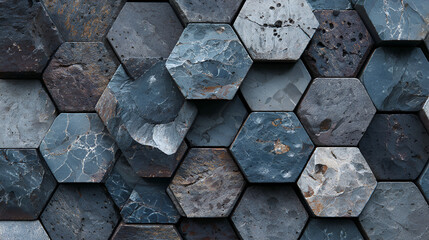 Close up of a textured surface with hexagonal stone tiles in varying shades of gray and blue