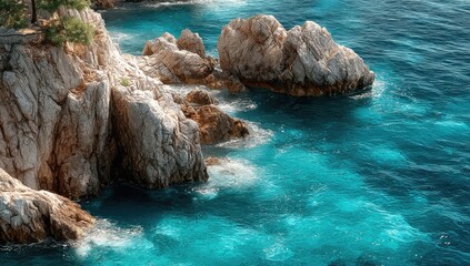 Coastal cliffs meet turquoise sea.  Waves lap at light-colored rocks.  Atop the cliffs, green foliage is visible.  High angle view