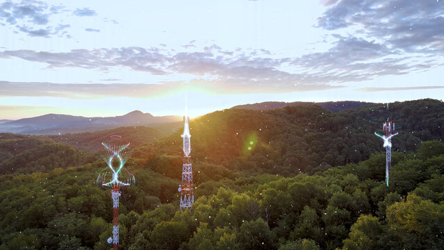 3D visualization of 5G telecommunication towers emitting electromagnetic radiation in green nature at sunset