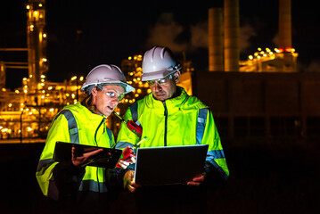 Team of construction engineers in uniforms and helmets examine project with tablet Industrial plant or oil refinery background at night