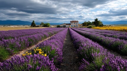 Obraz premium Beautiful lavender fields under an expansive sky, highlighting nature's stunning colors and tranquility in the landscape.