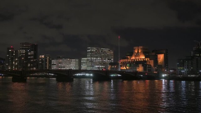Night View Timelapse of London with modern buildings - including the Secret Intelligence Building
