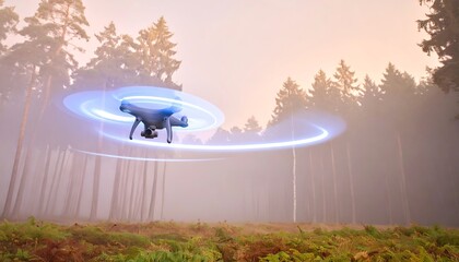 Drone flying in a misty forest