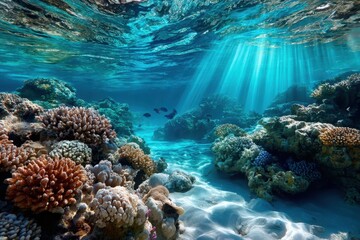 Naklejka premium Sunlight beams on a colorful coral reef