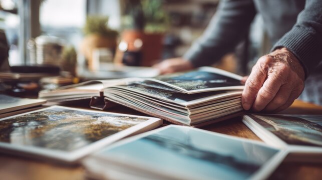 Mature person organizing photo albums filled with lifetime memories hands gently turning pages nostalgic expression highlighting photographs perfect memory preservation concept.