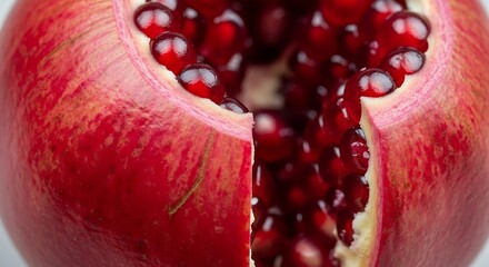 Vibrant Red Pomegranate, Partially Cut Open, Revealing Glistening Juicy Arils.