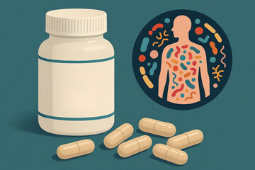 Bottle of probiotic supplement capsules with illustration of human gut bacteria and digestive system, emphasizing gut health and microbiome balance, with focus on probiotics and intestinal flora
