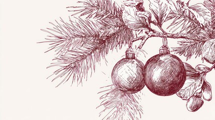 A Maroon Christmas Ornament Sketch on Pine Branch