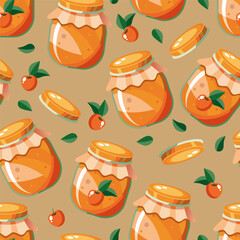 A charming seamless pattern features glass jars filled with apricot jam, adorned with cute lids and checked fabric, arranged on a solid background, creating a cozy, homely atmosphere 