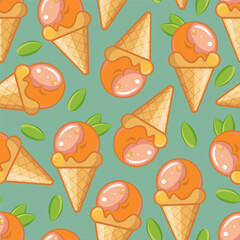 A seamless pattern featuring waffle cones filled with peach or apricot ice cream, fresh mint leaves, and caramel, creating a delicate summer design with smooth, repeating vector elements