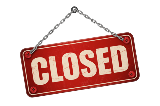 Distressed red 'CLOSED' sign hanging by a chain, vintage style - Powered by Adobe