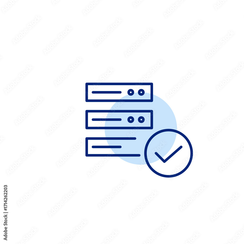 Poster server and checkmark. configuration approved, access granted. pixel perfect, editable stroke vector 