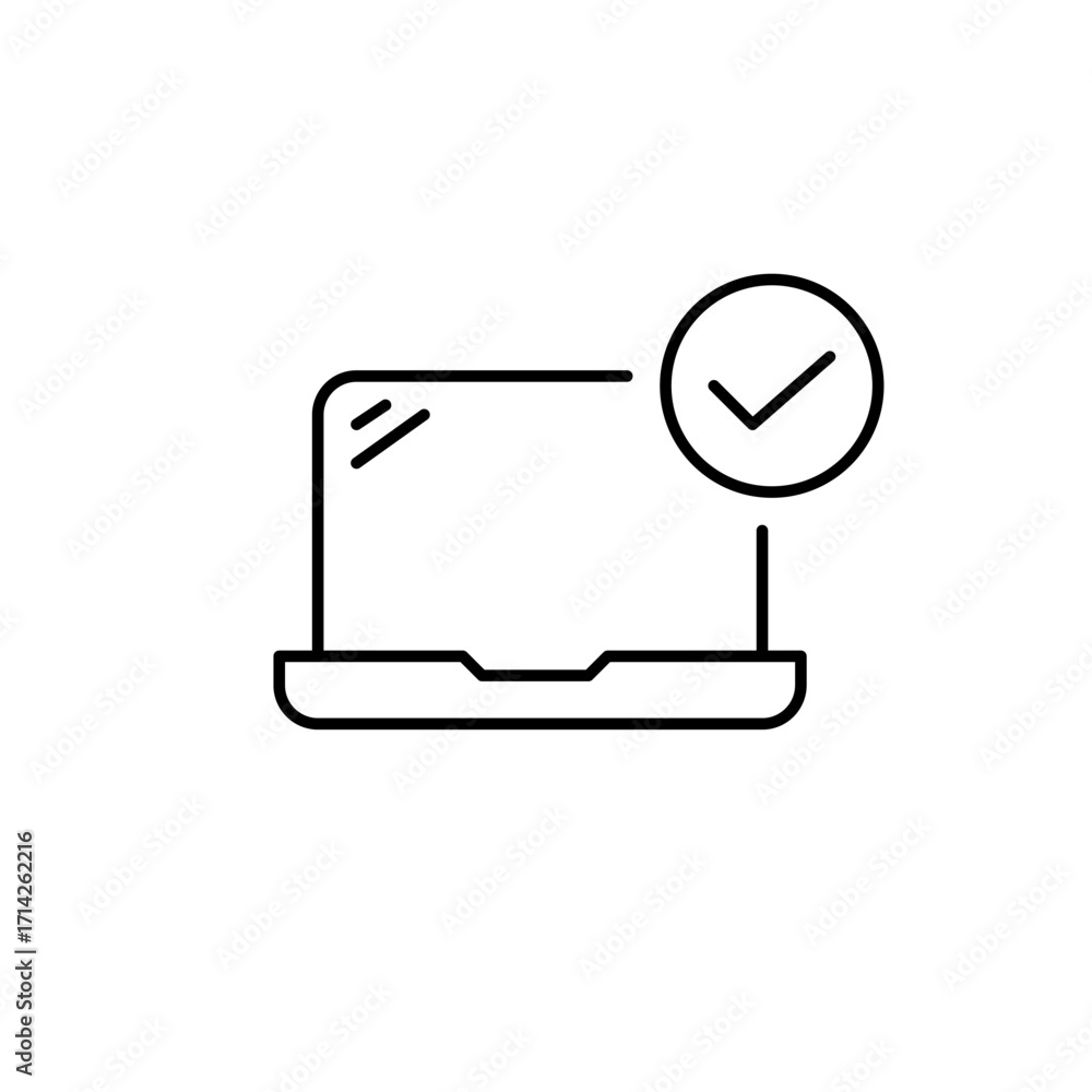 Poster laptop and checkmark. account verified, secure data access. pixel perfect, editable stroke vector ic