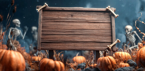 Rustic wooden sign with bone corners and orange pumpkins on ground with skeletons and blue full moon in graveyard setting