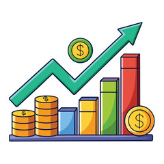 Green arrow graph with stacked coins and bar chart vector