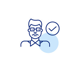 Indian man and checkmark. Identity verified, cultural inclusion. Pixel perfect, editable stroke vector icon