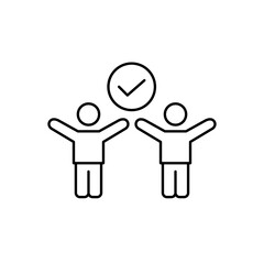Two happy people with arms raised and checkmark. Success achieved, company and teamwork. Pixel perfect, editable stroke vector icon