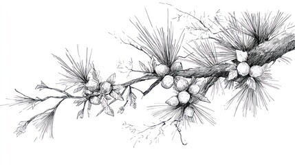 A Detailed Ink Drawing of a Branch with Fruit and Needles