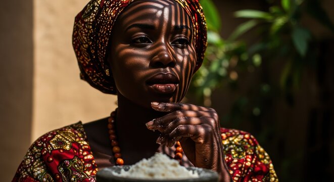 nigerian culture - A woman in vibrant traditional attire contemplates while holding a bowl of rice, with intricate shadows cast on her face from nearby foliage, creating a serene atmosphere
