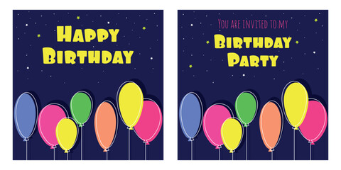 Happy birthday banner, invitation for birthday party decorated with balloons, vector illustration