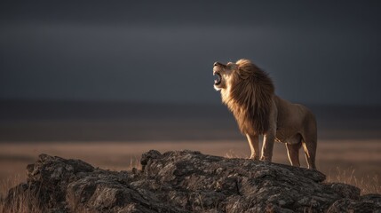 Majestic Lion Roaring at Dawn on a Rocky Outcrop