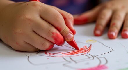 A Childs RedStained Hand Grips a Crayon Lost in Creative Expression.