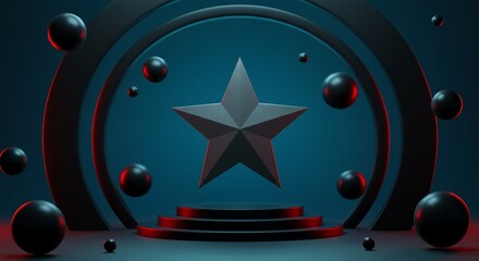 Fototapeta premium Abstract 3 d render of star on podium with floating spheres and circular frame