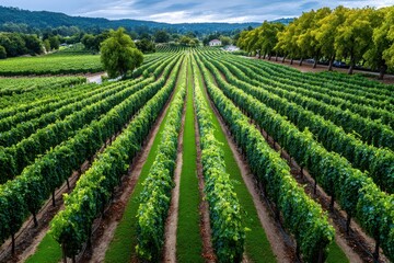 Lush green vineyard rows under cloudy sky