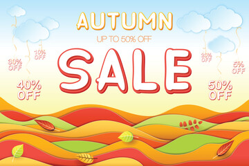 Autumn sale banner in paper craft style featuring Autumn sale and 50% off inscription, clouds, autumn landscape with colorful hills and leaves. Vector EPS illustration, layered, easy to edit