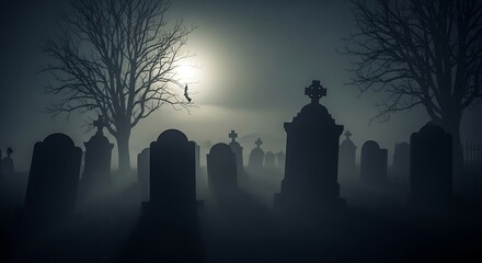 Eerie Moonlight Illuminates Fog-Shrouded Cemetery - A Gothic Scene.