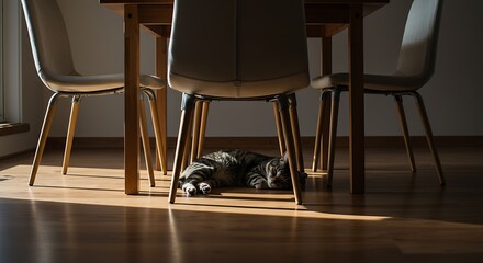 A Tabby Cat Slumbers Peacefully in a Sunbeam Under a Dining Table Amidst Shadows.