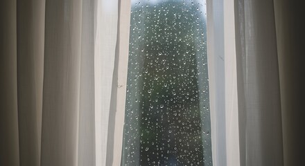 A Quiet View of Raindrops on a Window Pane Framed by Soft Muted Curtains.