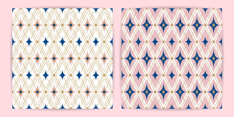 Set of festive seamless mesh patterns with golden diagonal lines, stars and dots. Elegant geometric pink, blue background of carnival rhombus ornament. Fabric textile print. Surface cover wrapper desi © Ann Muse