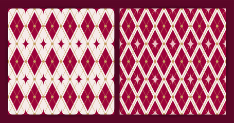 Set of festive seamless mesh red patterns with golden diagonal lines, stars and dots. Elegant geometric burgundy background of carnival rhombus ornament. Fabric textile print. Surface cover wrapper de