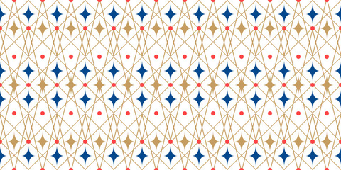 Festive seamless mesh pattern with golden diagonal lines, stars and dots. Elegant geometric background of carnival rhombus ornament. Fabric textile print. Surface cover wrapper design. © Ann Muse