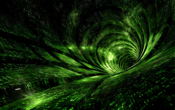 A mesmerizing green digital tunnel with swirling patterns