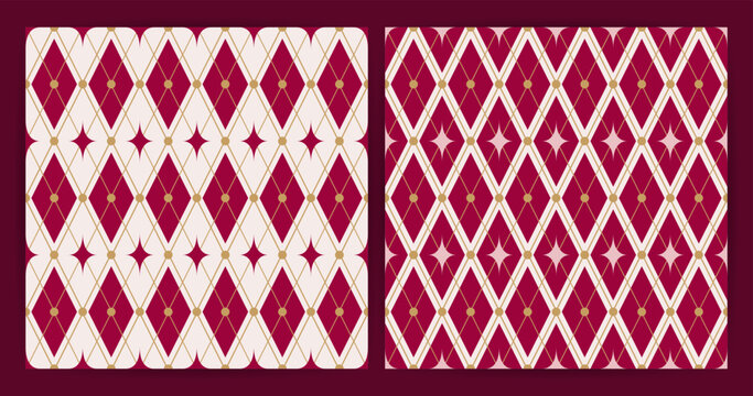 Set of festive seamless mesh red patterns with golden diagonal lines, stars and dots. Elegant geometric burgundy background of carnival rhombus ornament. Fabric textile print. Surface cover wrapper de