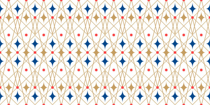 Festive seamless mesh pattern with golden diagonal lines, stars and dots. Elegant geometric background of carnival rhombus ornament. Fabric textile print. Surface cover wrapper design.