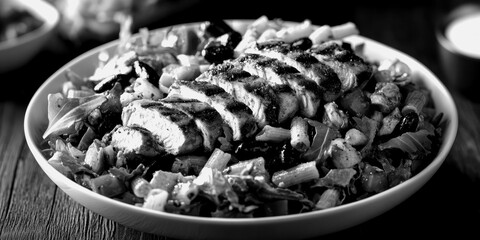 Grilled chicken salad served with fresh vegetables on a plate