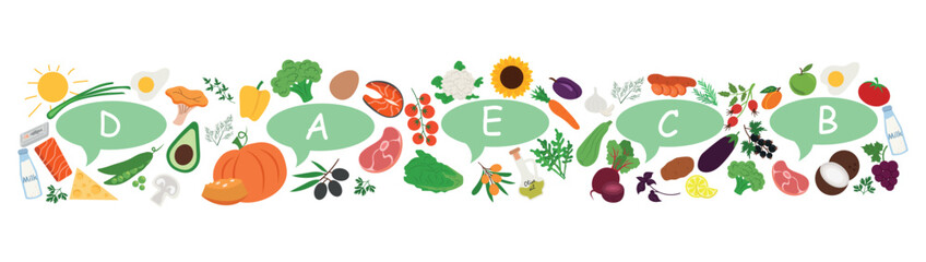 Set of vegetables and fruits rich in vitamins and nutrients. Vector illustration of vitamins necessary for the body