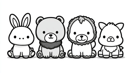 Obraz premium Adorable Animal Squad: An endearing illustration of four charming animal characters in a row, ready to brighten any creative project or design needs. 