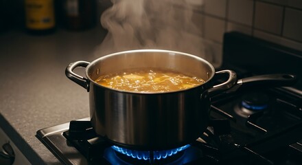 Blue Flame and Golden Broth A Steaming Pot of Soup Simmering on a Gas Stove.