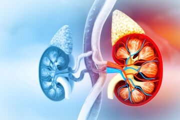 Human kidney medical diagram with a cross section. 3d illustration