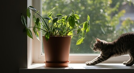 Cat Stretching by Potted Plant on Sunny Window Sill.