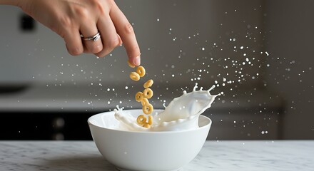 Cereal Rings Plunging into Milk Dynamic Splash and Hand Detail.